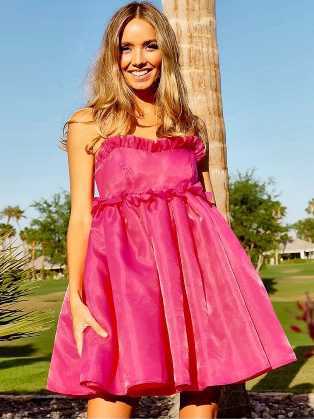 NWT BiBi Hot Pink Organza Sleeveless Tulle Mini Dress Ruffle Sweetheart Size XL